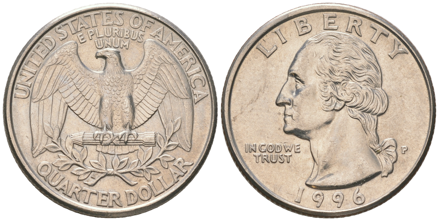 США 25 центов (квотер) 1996 P, Вашингтон KM A164a медь плакированная медно-никелем 4175-421