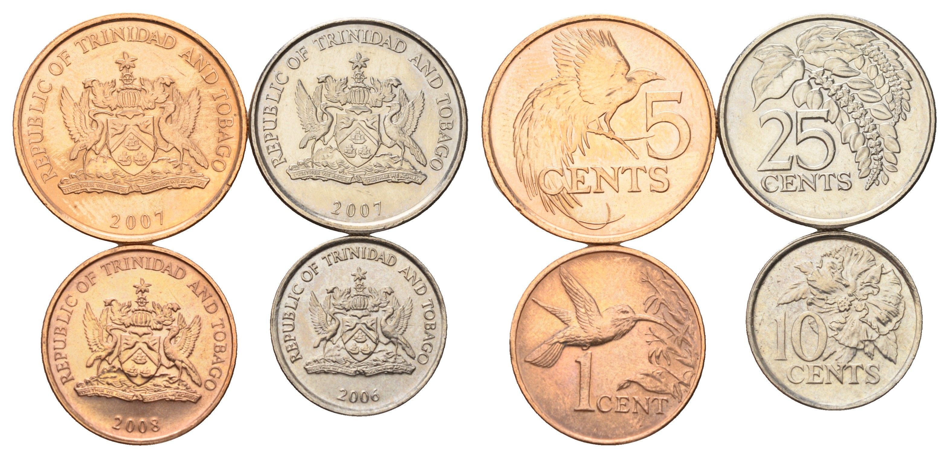 Тринидад и Тобаго набор из 4 монет (1, 5, 10, 25 центов) 2006, 2007 и 2008 KM 29, 30, 31 и 32 UNC 4669-856-859