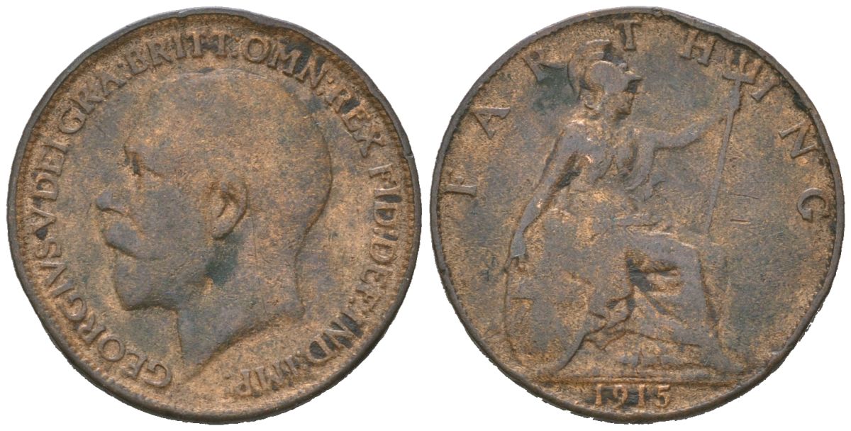 Великобритания 1 фартинг 1915 Георг V (1910-1936) KM 808.1, Spink 4059 бронза 4618-869