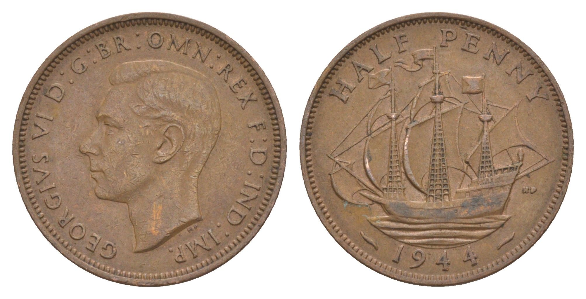 Великобритания 1/2 пенни 1944 Георг VI (1936-1952) KM 844, Spink 4115 бронза 4642-435