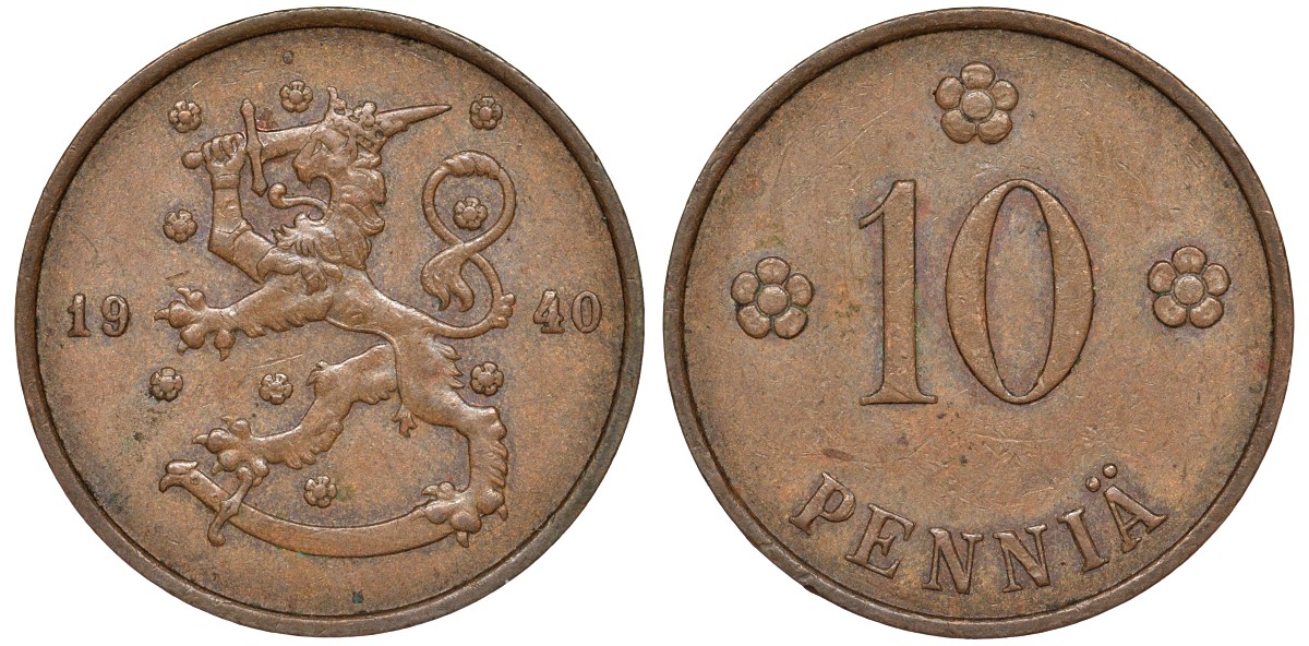 Финляндия 10 пенни 1940 KM 24 медь 51-3222