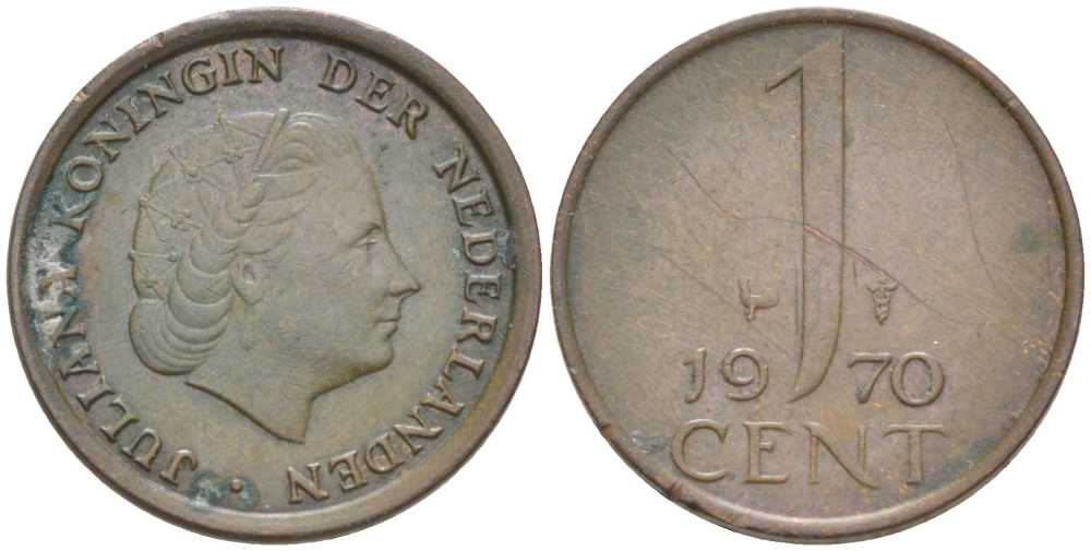 НИДЕРЛАНДЫ 1 ЦЕНТ 1970 ЮЛИАНА (1948-1980) KM 180 бронза 214-1046