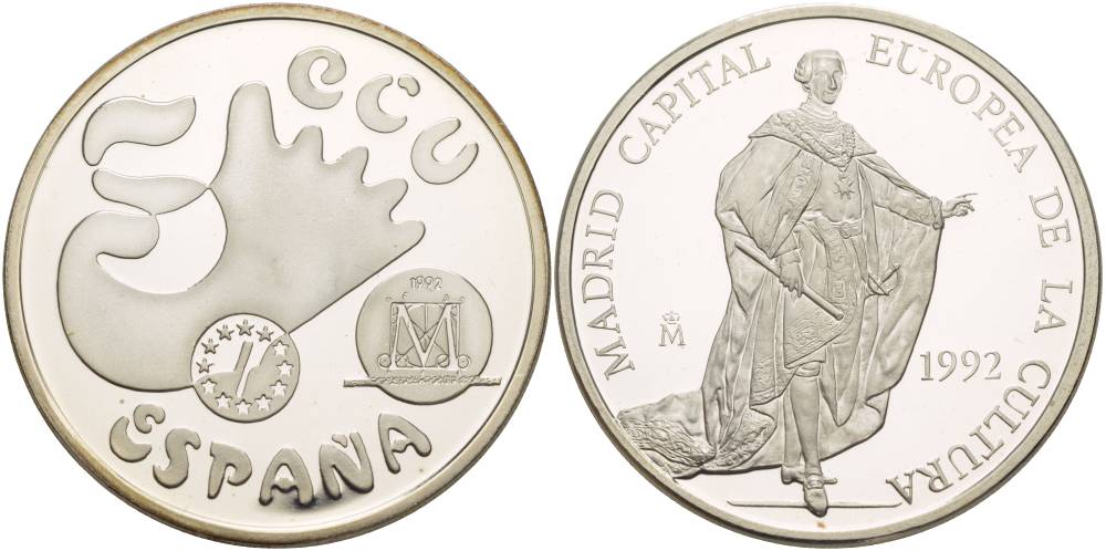 Испания 5 экю 1992 Мадрид, культурная столица Европы, Хуан Карлос I серебро PROOF 11-085-41