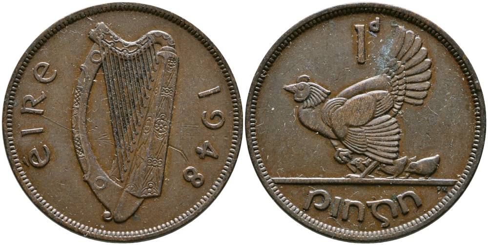 ИРЛАНДИЯ 1 ПЕННИ 1948 КУРИЦА С ЦЫПЛЯТАМИ KM 11 бронза 4531-644