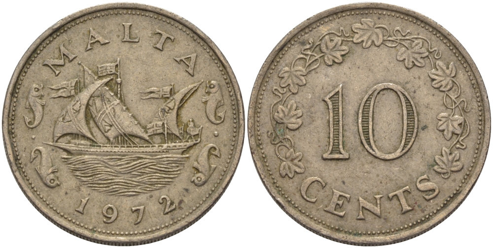 Мальта 10 центов 1972 баржа Великого магистра KM 11 медно-никель 82-333