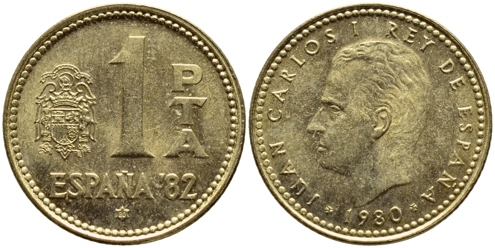 Испания 1 песета 1980 (80) чемпионат мира по футболу в Испании 1982 года, Хуан Карлос I (1975-) KM 816 алюминиевая бронза 4397-622