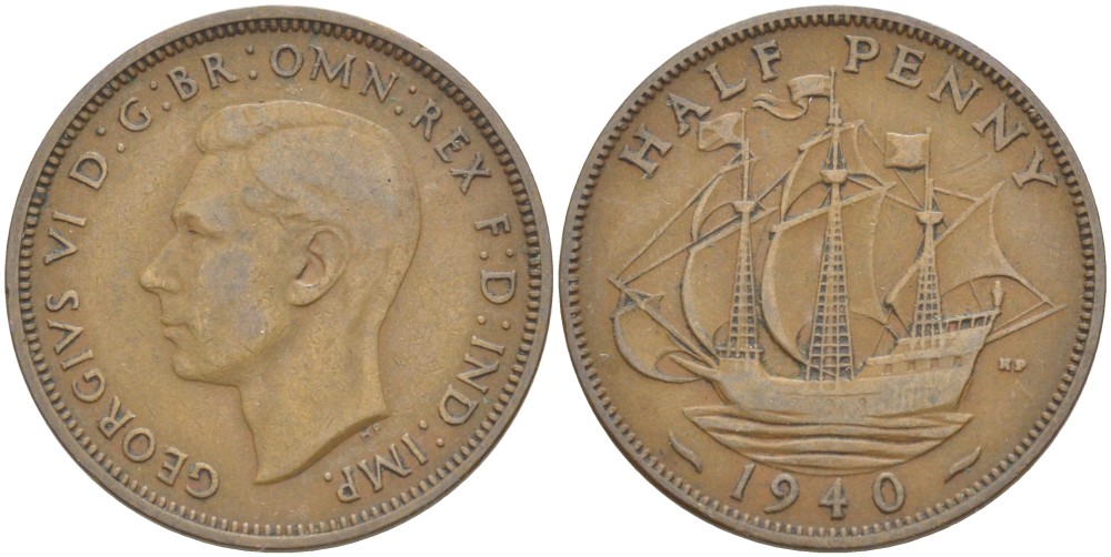 Великобритания 1/2 пенни 1940 Георг VI (1936-1952) KM 844, Spink 4115 бронза 4539-645