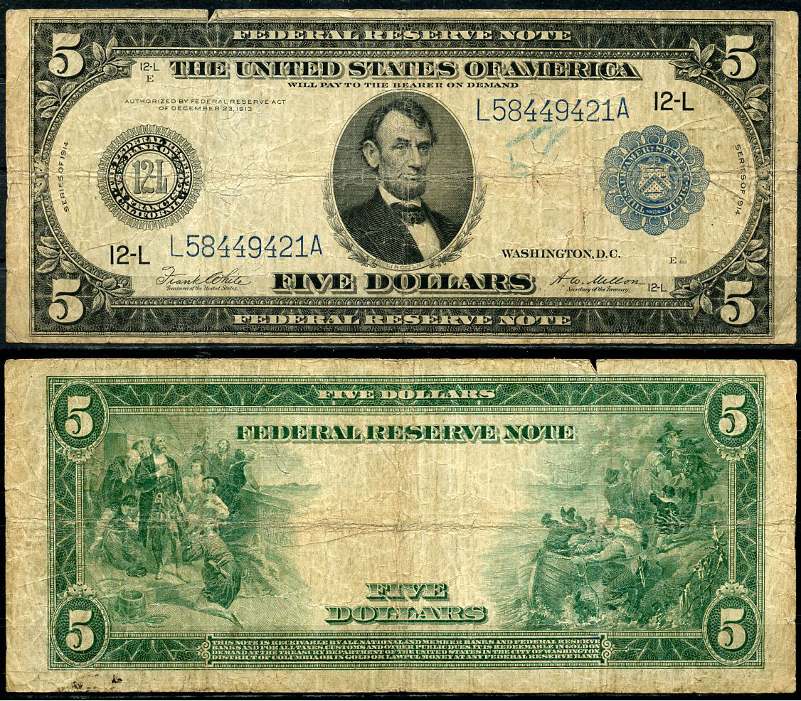 США 5 долларов 1914 Сан-Франциско (12-L), Авраам Линкольн, голубая серия, подпись White, Mellon Pick 359 b L(4-1)  бумага   451-642-1-2