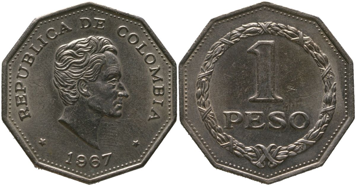 Колумбия 1 песо 1967 KM 229 медно-никель 4565-312