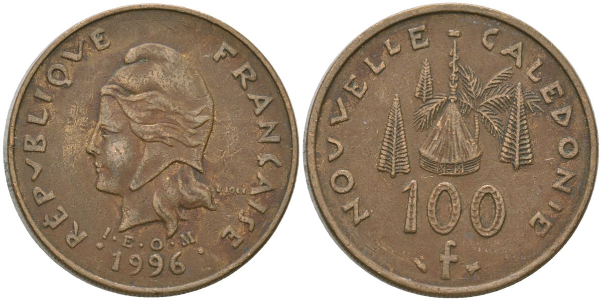 Французская Новая Каледония 100 франков 1996 хижина среди сосен и пальм, (IEOM) KM 15, Schoen 16, Lec 139 никель латунь 4140-1035