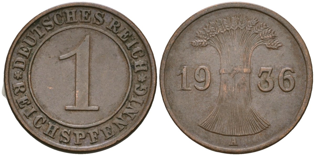 Германия 1 рейхспфенниг 1936 A KM 37, J. 313 бронза 4528-1259