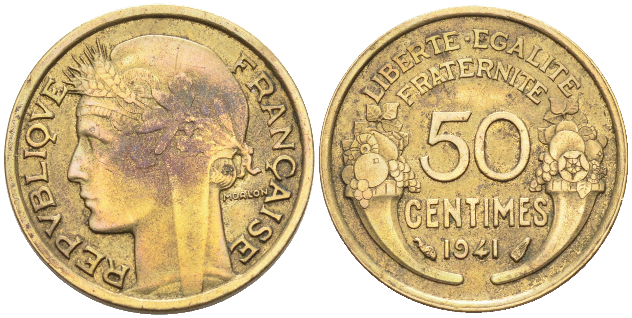 ФРАНЦИЯ 50 САНТИМОВ 1941 ТИП MORLON KM 894.1, LE FRANC 192.18 алюминиевая бронза 4588-355