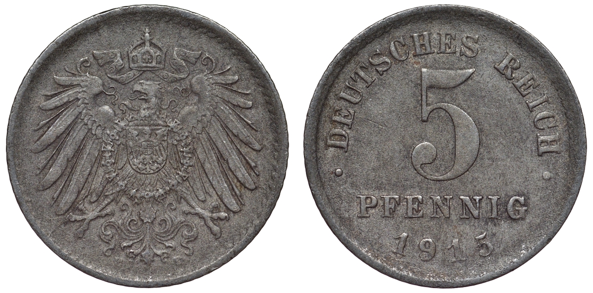 Германия 5 пфеннигов 1915 E KM 19, J. 297, Weege 5 железо 4118-1126