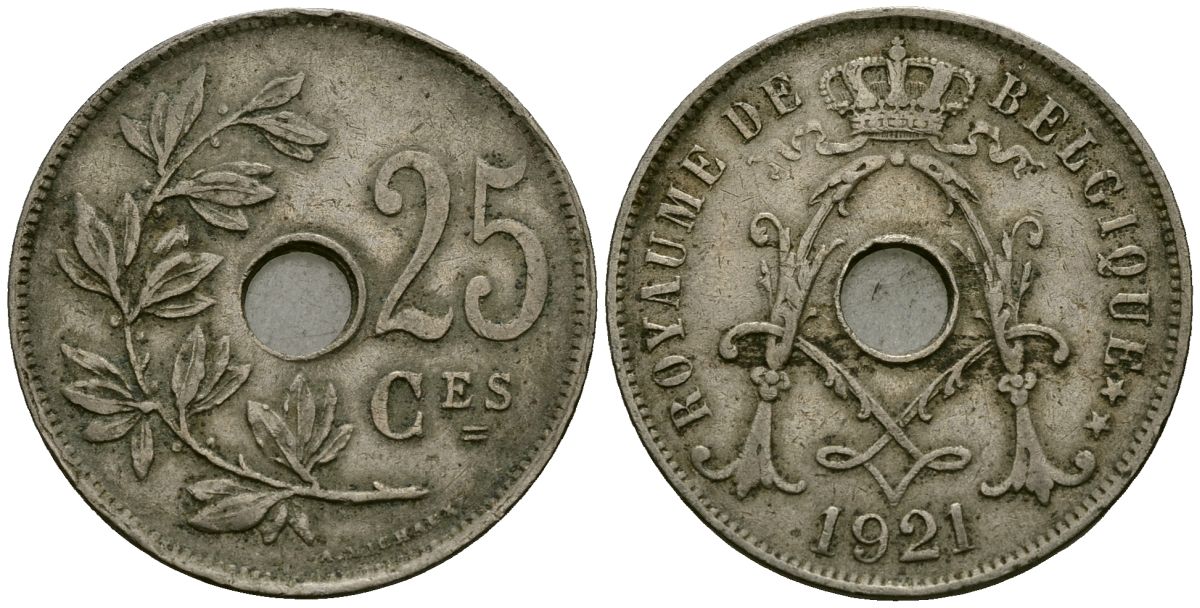 Бельгия 25 сантимов 1921 Belgique KM 68 медно-никель 4168-1235