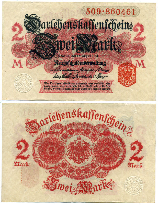 ГЕРМАНИЯ 2 МАРКИ 1914 БЕЛАЯ БУМАГА, СЕРИЯ 509 Pick 53, Rosenberg 52b бумага 7523-35-4