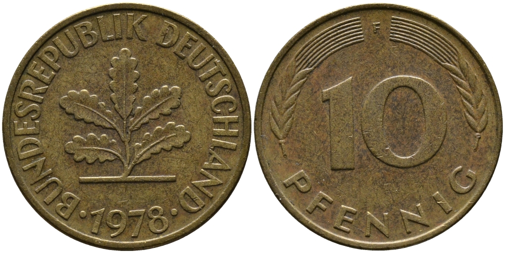 ФРГ 10 ПФЕННИГОВ 1978 F KM 108, J.383 сталь плакированная латунью 33-135