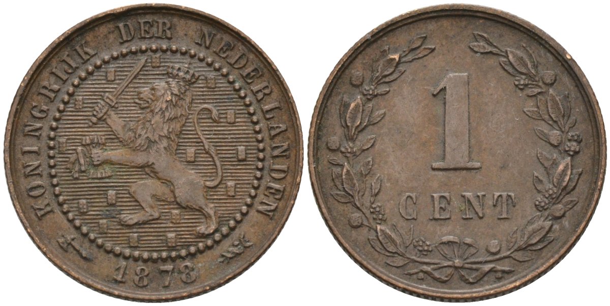 Нидерланды 1 цент 1878 Виллем III (1849-1890) KM 107 бронза 4576-544
