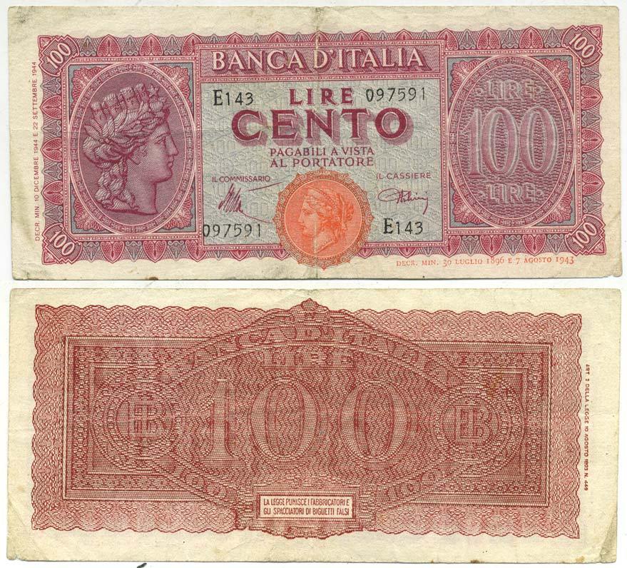 Италия 100 лир 1944 Pick 75a 7551-43-3-2