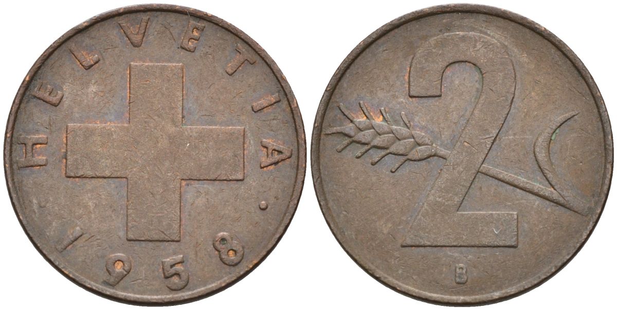 Швейцария 2 раппена 1958 В KM 47 бронза 4591-1225