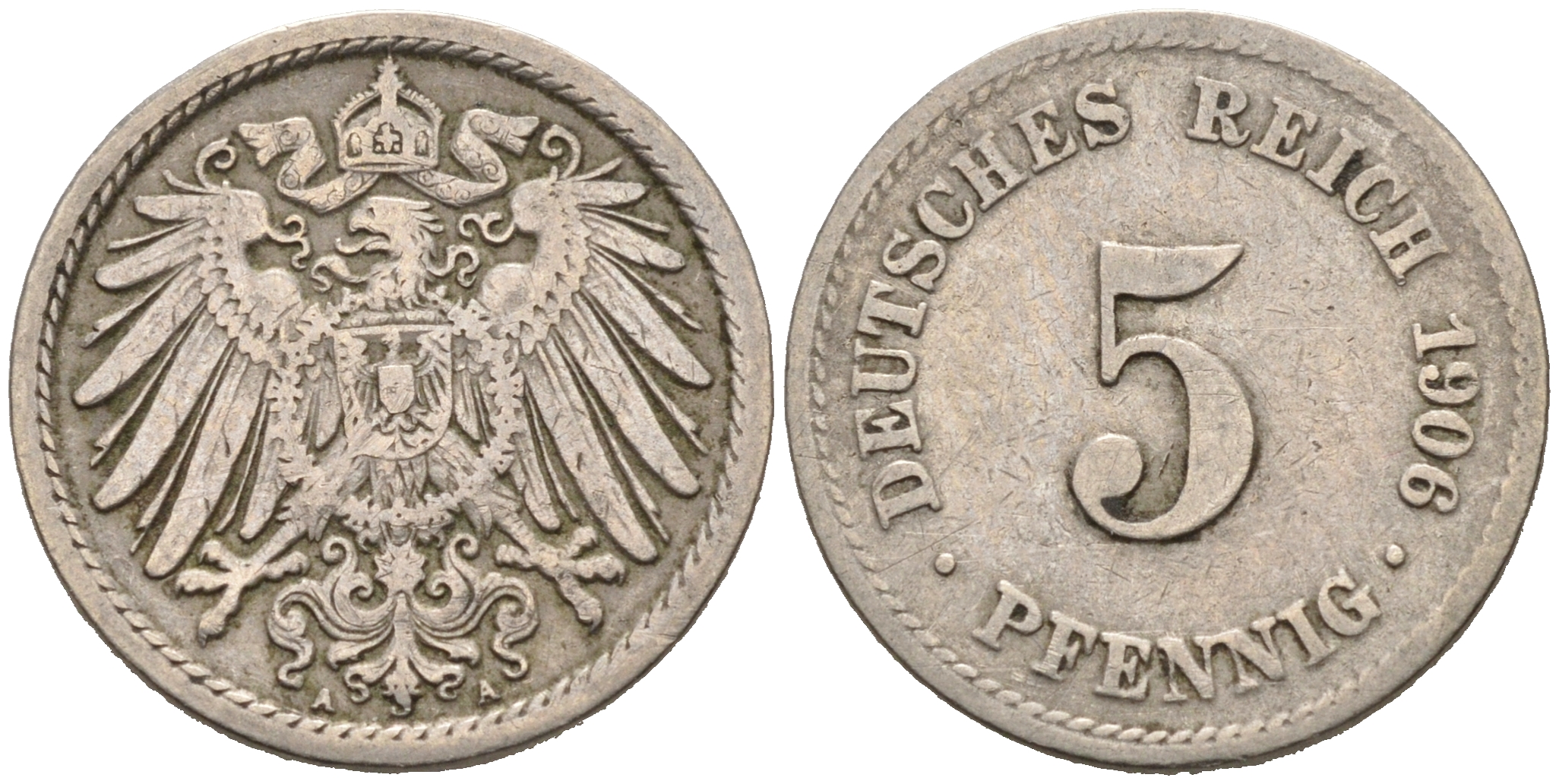 ГЕРМАНИЯ 5 ПФЕННИГОВ 1906 A, KM 11, J. 12 медно-никель 75-914