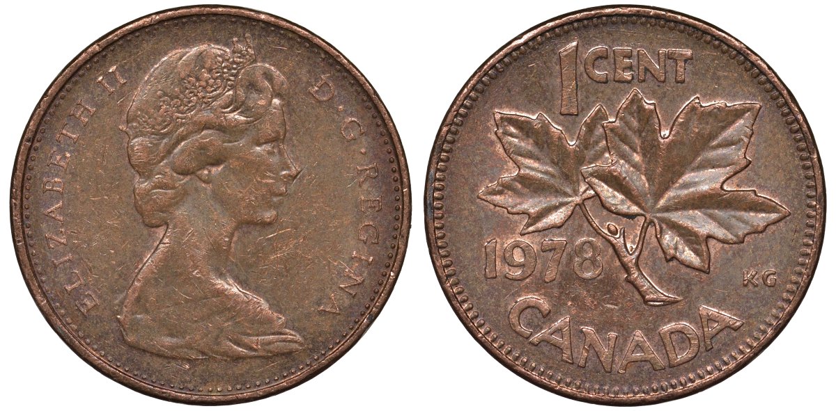 Канада 1 цент 1978 Елизавета II (1952-2022), кленовый лист KM 59.1 бронза 4122-351