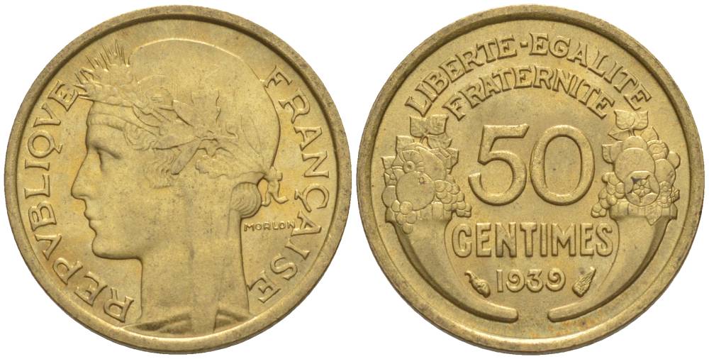 ФРАНЦИЯ 50 САНТИМОВ 1939 ТИП MORLON KM 894.1, LE FRANC 192.15 алюминиевая бронза 44-854