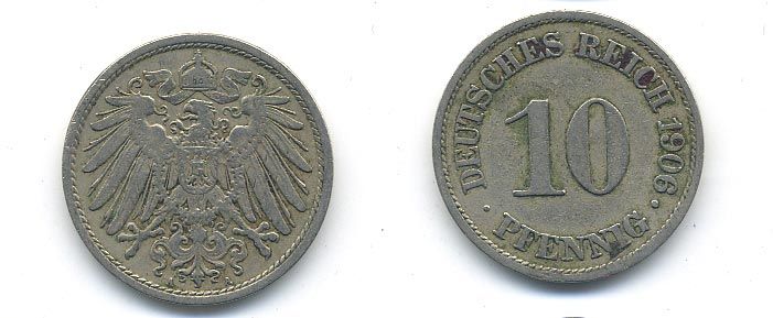 ГЕРМАНИЯ 10 ПФЕННИГОВ 1906 A KM 12, J. 13 медно-никель 58-247