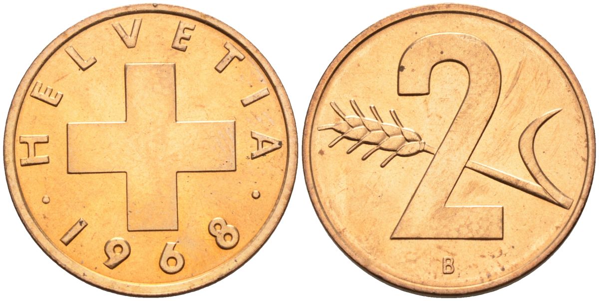 Швейцария 2 раппена 1968 В KM 47 бронза UNC 4575-814