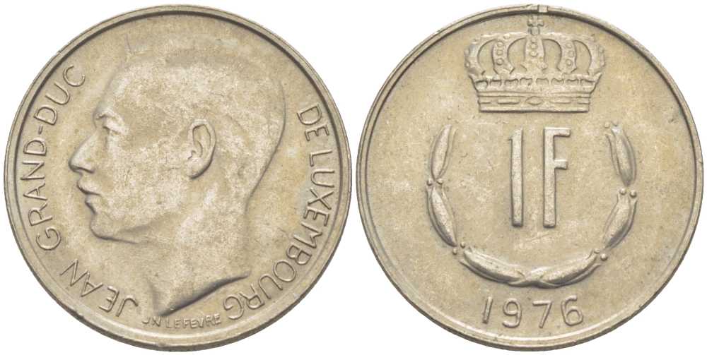 ЛЮКСЕМБУРГ 1 ФРАНК 1976 ВЕЛИКИЙ ГЕРЦОГ ЖАН KM 55 медно-никель 4390-1124