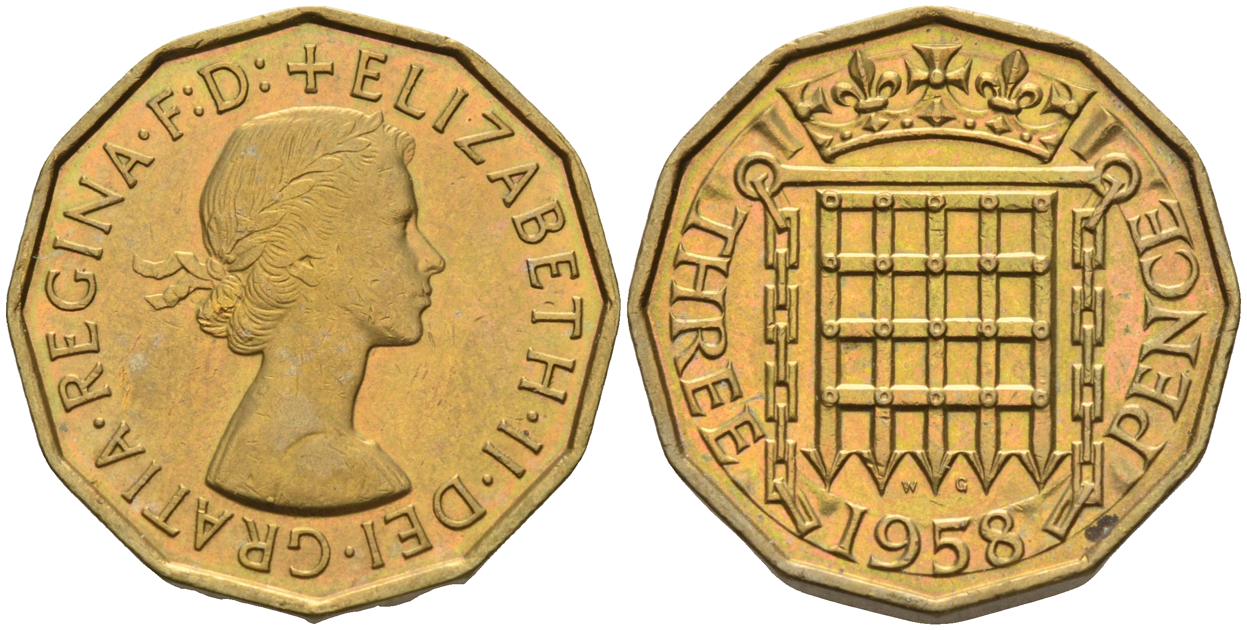 Великобритания 3 пенса 1958 Елизавета II (1952-2022) KM 900, Spink 4153 никель латунь 4592-423