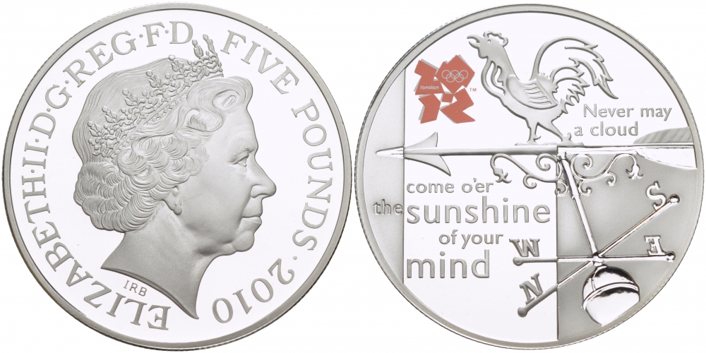 Великобритания 5 фунтов 2010 Елизавета II (1952-2022), XXX летние Олимпийские Игры в Лондоне в 2012, британская погода KM 1157, Spink LO48 серебро PROOF 02-224-44