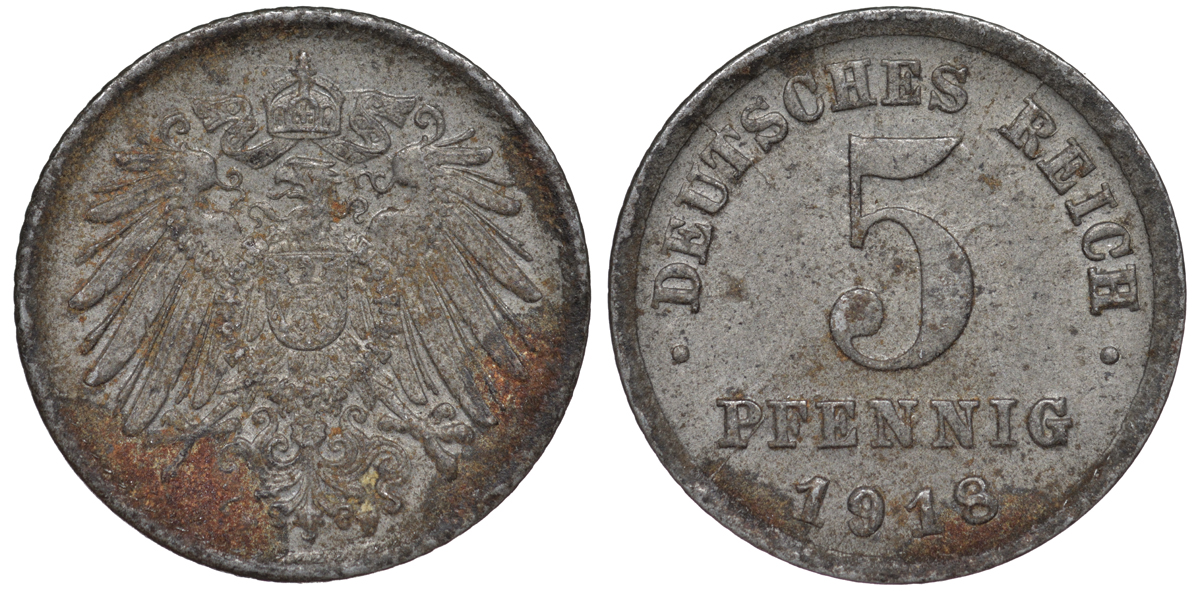 ГЕРМАНИЯ 5 ПФЕННИГОВ 1918 F KM 19, J. 297 железо 45-1153