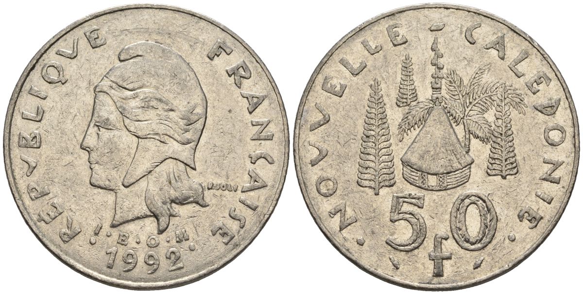 Французская Новая Каледония 50 франков 1992 хижина среди сосен и пальм, (IEOM) KM 13, Schoen 15, Lec 121 никель 4123-133