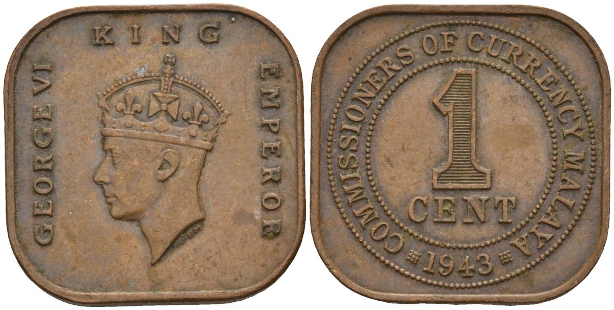 Британская Малайя 1 цент 1943 Георг VI (1937-1952) KM 6 бронза 4153-635