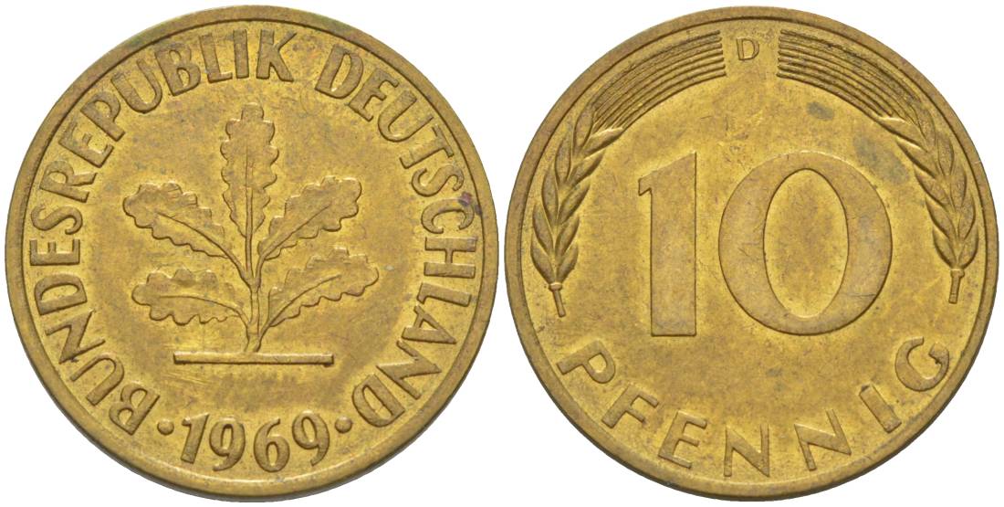 ФРГ 10 ПФЕННИГОВ 1969 D KM 108, J. 383 сталь плакированная латунью 219-432