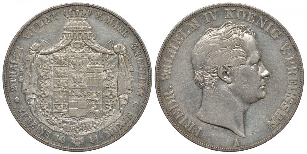 Пруссия 2 талера - 3 1/2 гульдена 1841 Фридрих Вильгельм IV КМ 440.1, Jaeger 71 Kahnt 381 Thun 253 AKS 69 серебро 00-811-46