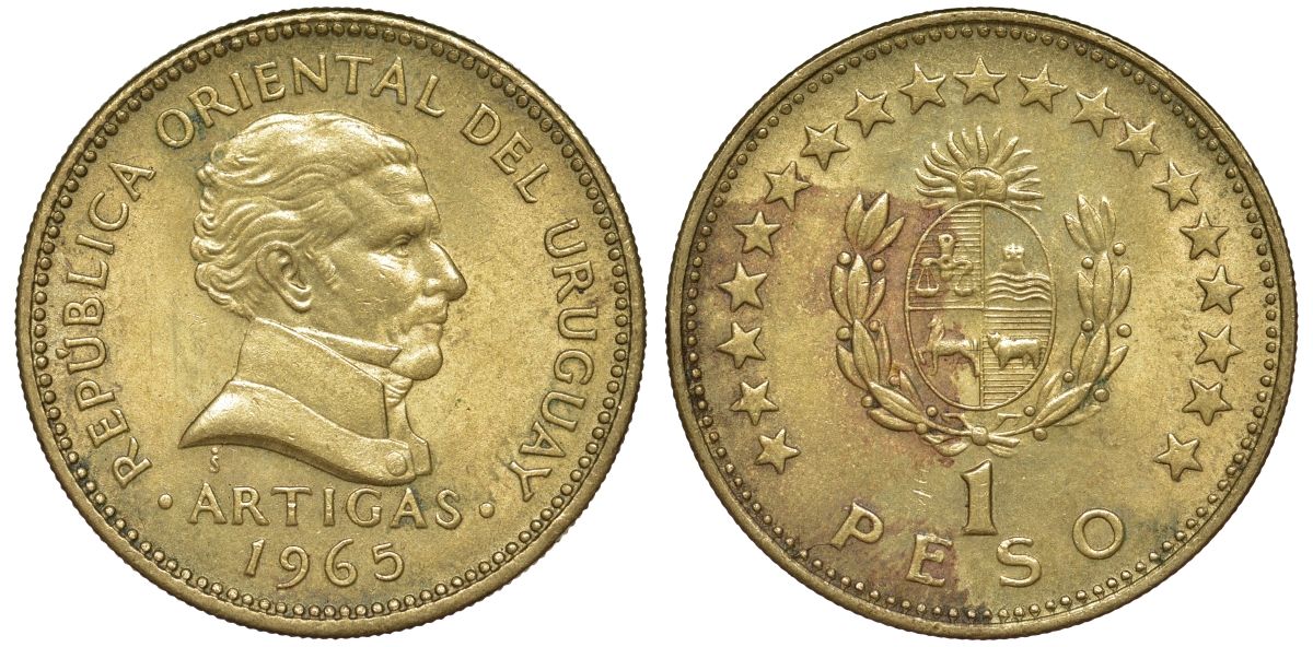 Уругвай 1 песо 1965 KM 46 алюминиевая бронза 34-157