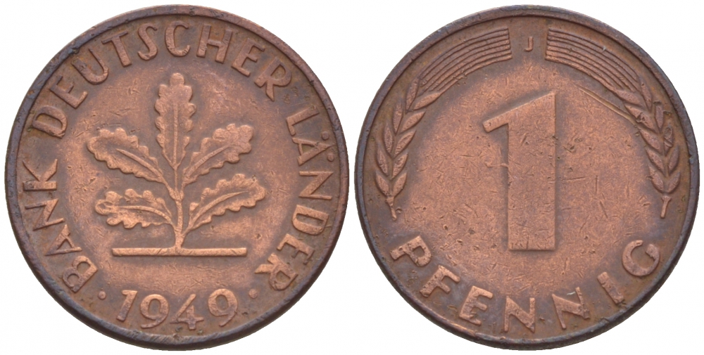 ФРГ 1 ПФЕННИГ 1949 J KM А101, J. 376 сталь плакированная медью 4547-1129