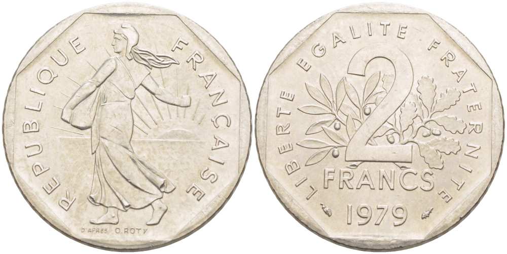 ФРАНЦИЯ 2 ФРАНКА 1979 СЕЯТЕЛЬ KM 942.1, LE FRANC 272.3 никель 217-253