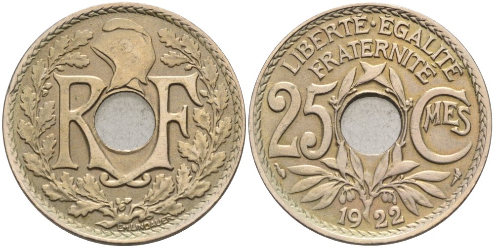 Франция 25 сантимов 1922 тип LINDAUER KM 867а, Le Franc 171.6 медно-никель 4575-336
