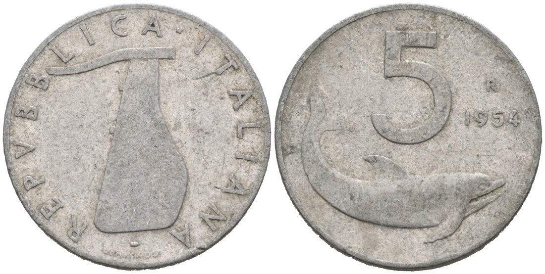 Италия 5 лир 1954 R, руль, дельфин KM 92 алюминий 4567-344