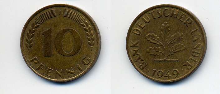 ФРГ 10 ПФЕННИГОВ 1949 J KM 103, J. 378 сталь плакированная латунью 4379-351