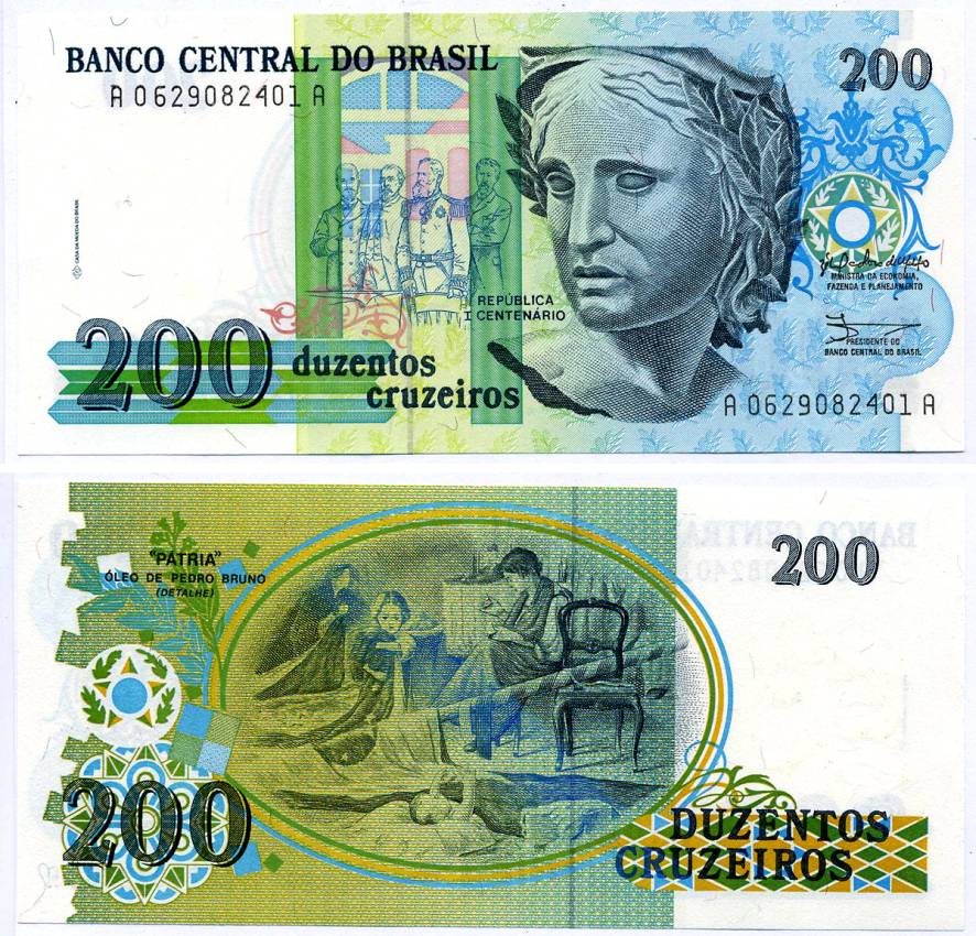Бразилия 200 крузейро 1990 Pick 229 бумага UNC (пресс) 7202-18-2