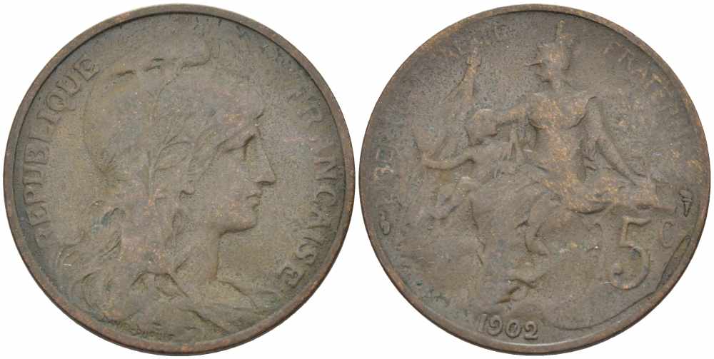 ФРАНЦИЯ 5 САНТИМОВ 1902 ТИП ДАНИЭЛЬ ДЮПЮИ KM 842, LE FRANC 119.12 бронза 108-841