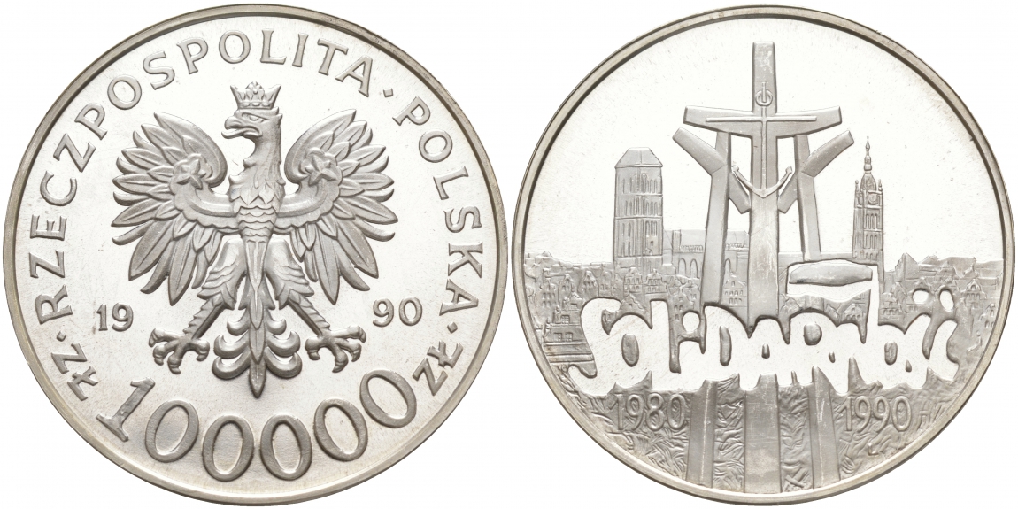 Польша 100000 злотых 1990 10 лет профсоюзу "Солидарность" (1980-1990) KM 196.1, Parchimowicz 619a серебро PROOF 1091-2-11