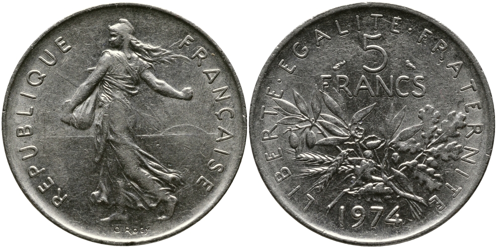 ФРАНЦИЯ 5 ФРАНКОВ 1974 СЕЯТЕЛЬ KM 926a.1, LE FRANC 341.6 медно-никель плакированный никелем 97-641