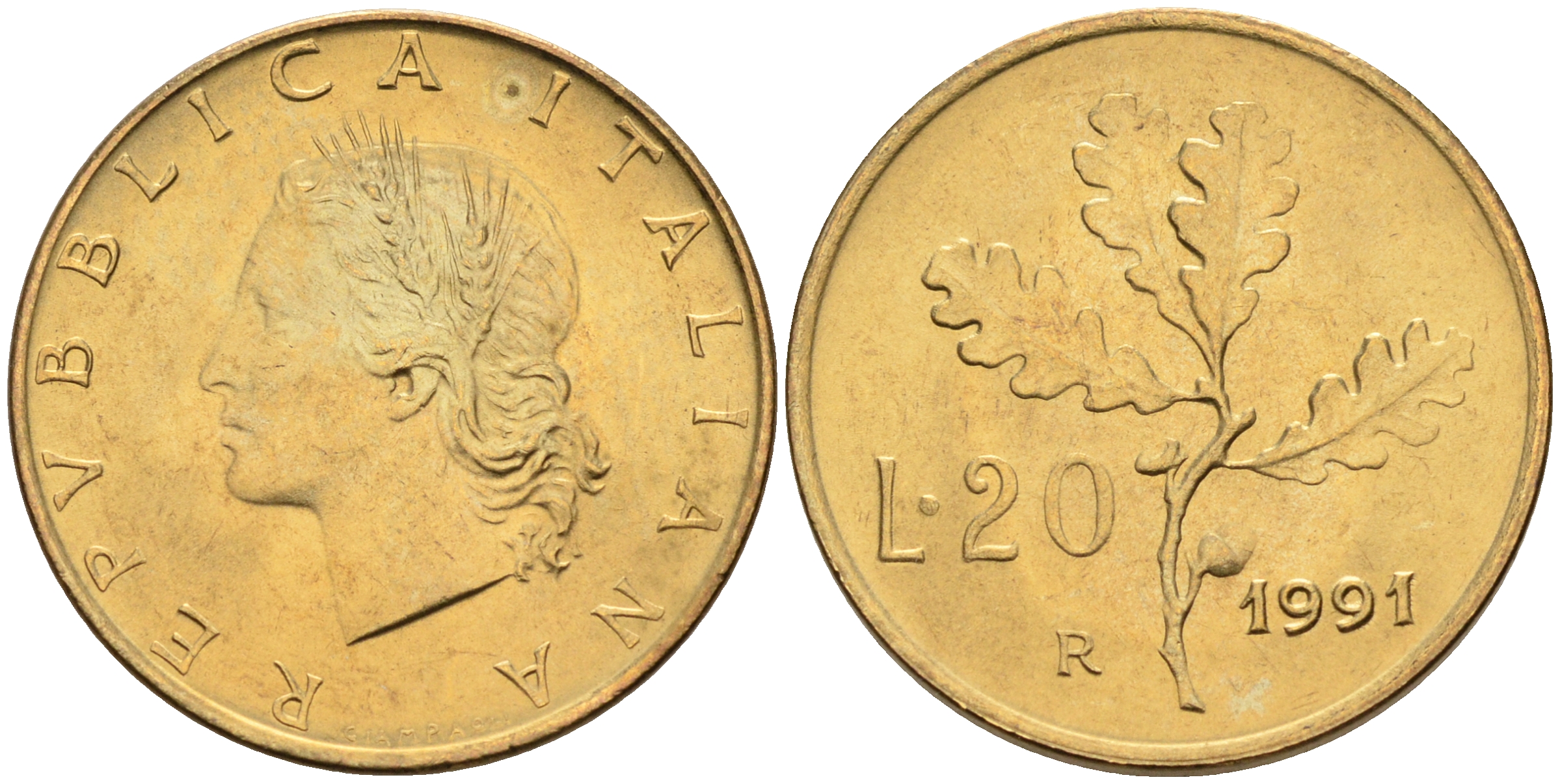 Италия 20 лир 1991 R, дубовый лист KM 97.2 алюминиевая бронза  UNC  4594-769