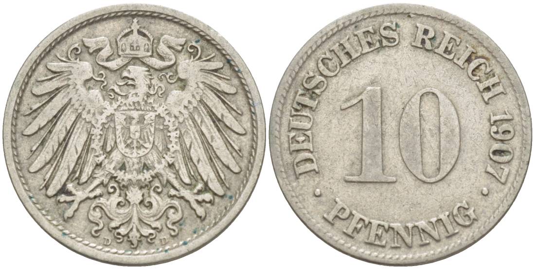 Германия 10 пфеннигов 1907 D KM 12, Jager 13, Weege 8 медно-никель 219-132