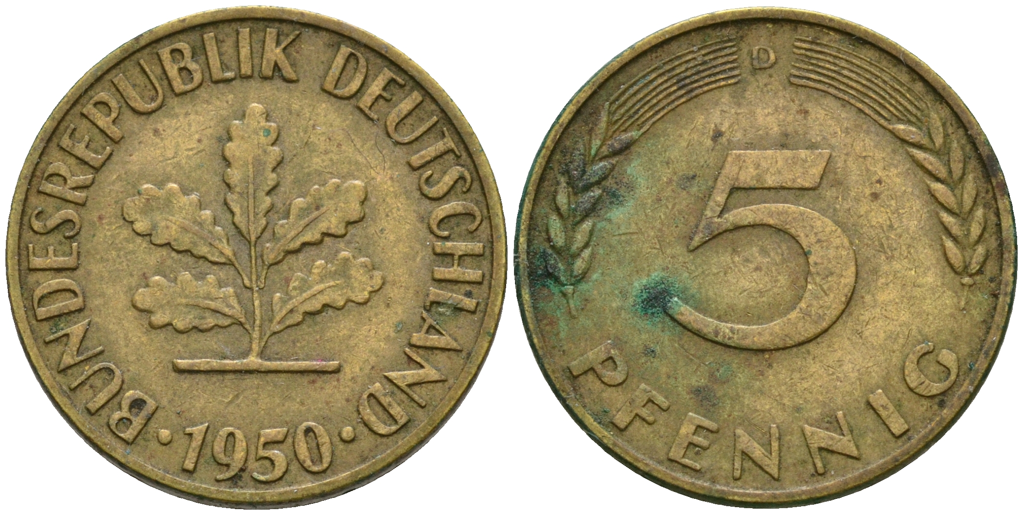 ФРГ 5 пфеннигов 1950 D KM 107, J.382 сталь плакированная латунью 4364-1554