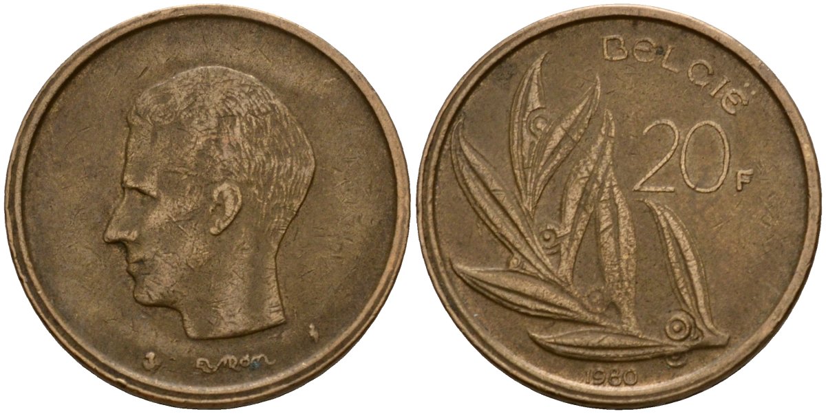 Бельгия 20 франков 1980 Belgie, Бодуэн I (1951-1993) KM 160 никель бронза 4599-144